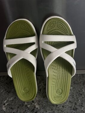 CROCS Women’s White & Olive Slide Sandals